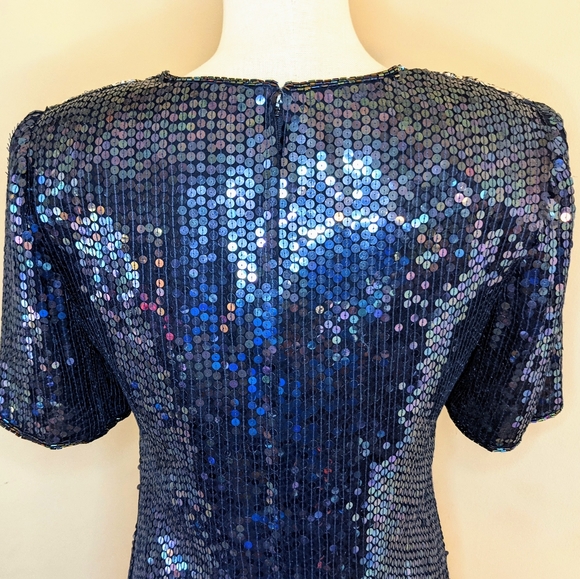 Vintage Silk Sequinned Blue Iridescent Cocktail Dress - Picture 8 of 11